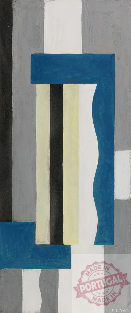 Vertical abstract painting with blue, black, white, and grey geometric shapes | Fernand Leger Abstract painting featuring geometric shapes and colorful blocks creating modern art - Realisiert mit Pictrs.com