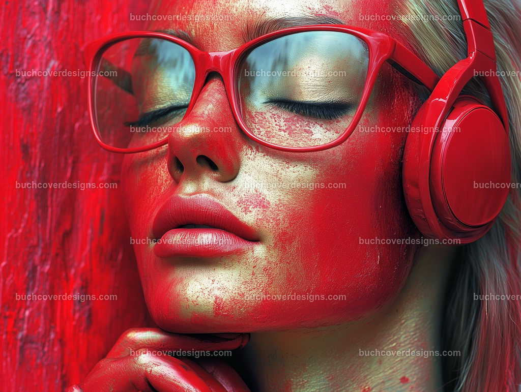 Gesicht einer Frau mit Kopfhörer (155) | realistic metallic painted lady face wear a red headphone and hold it with one hand, see the face - close up - studio light - vivid colors - high detail - realistic - photo - sureal --chaos 5 --ar 4:3 --stylize 50 --weird 100 --v 6.1 Job ID: 17288797-63eb-4bdc-b6c5-d53c1308767d
