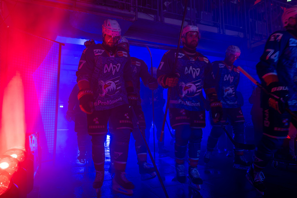 DEL, Deutsche Eishockey Liga Saison 2025/26, Playoff-Halbfinale, Spiel 1: Adler Mannheim gegen Red Bull München | DEL, Deutsche Eishockey Liga Saison 2025/26, Playoff-Halbfinale, Spiel 1: Adler Mannheim gegen Red Bull München***Die Spieler der Adler kurz vor Beginn des Spiels - Realisiert mit Pictrs.com
