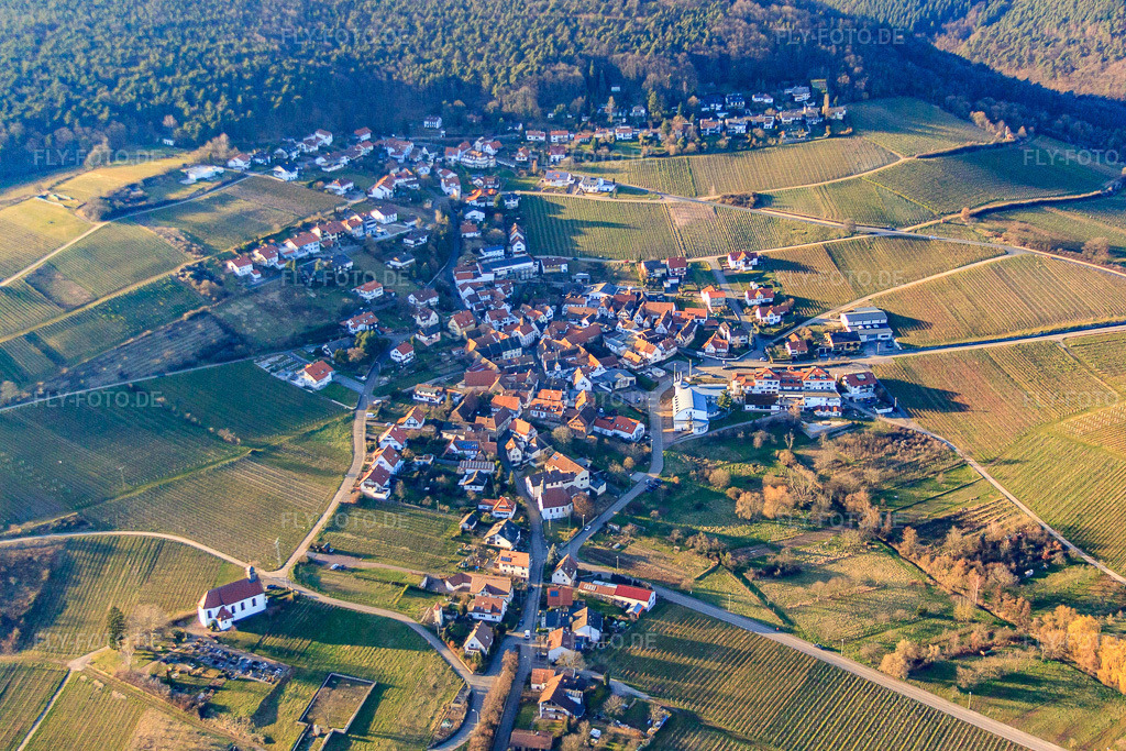 Luftbild: Winzerdorfansicht aus Osten mit Hotel Südpfalz-Terrassen im Ortsteil Gleiszellen in Gleiszellen-Gleishorbach im Bundesland Rheinland-Pfalz in Deutschland. Foto: IMG_62402.jpg vom 24.02.2014 durch Werner Riehm/FLY-FOTO.deAuflösung des Originals: 4752 x 3168 pxHotel Südpfalz-Terrassen in Gleiszellen - Komfort Hotel Pfalz