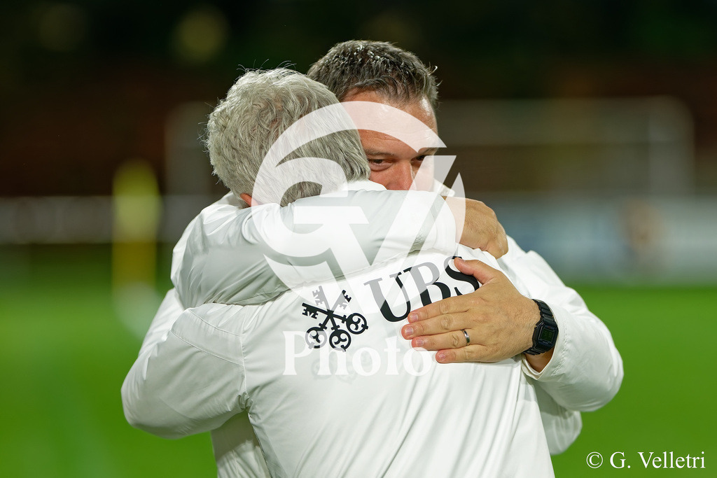 UEFA Region's Cup - Vaud v Munster | Aymon Jean-Yves (Coach Vaud) and $ Coach Assistant celebrate after winning  during the UEFA Region's Cup game between Vaud and Munster at Centre Sportif de Colovray in Nyon, Switzerland 
