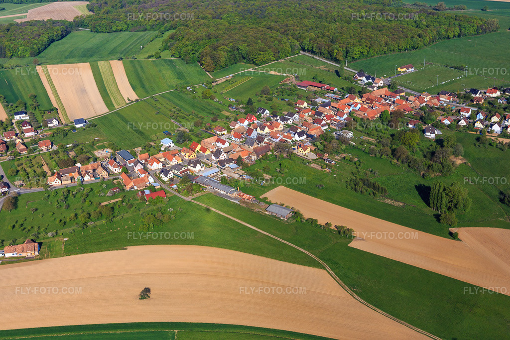 Aerial view: View of the town from the east in Laubach in the state Bas-Rhin, France. – Photo: IMG_099380.jpg taken on 04/30/2017 by Werner Riehm/FLY-FOTO.com – Resolution of the original: 5472 x 3648 px