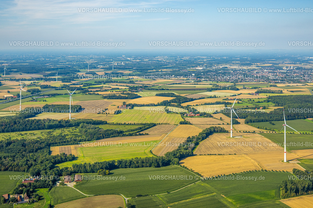 Beckum230804168 | Luftbild, Fernsicht über Wiesen und Felder mit Windräder, Lippborg, Lippetal, Münsterland, Nordrhein-Westfalen, Deutschland