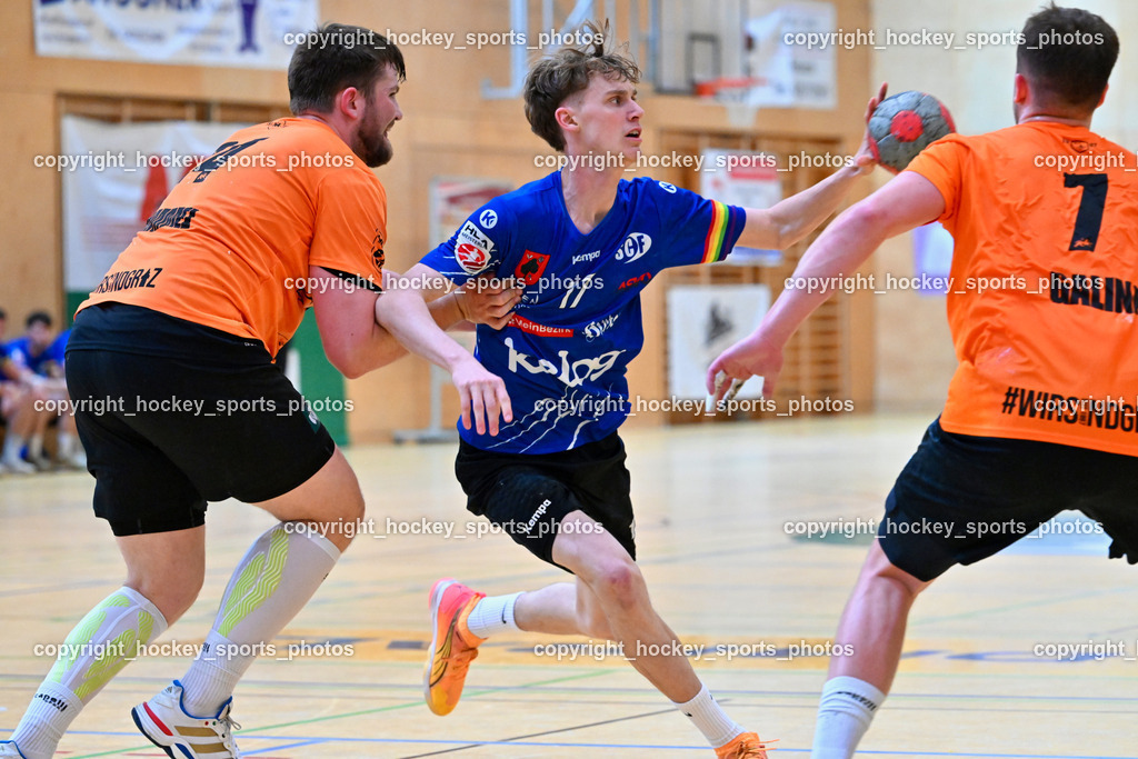 SC Ferlach vs. HSG Holding Graz | #24 SCHIMMEL Florian HSG Graz, #17 Kelih Markus SC Ferlach, #7 Galina Matej HSG Graz, SC Ferlach vs. HSG Holding Graz, SC Ferlach vs. HSG Holding Graz am 24.05.2025 in Ferlach (Ballspielhalle Ferlach), Austria, (Photo by Bernd Stefan)