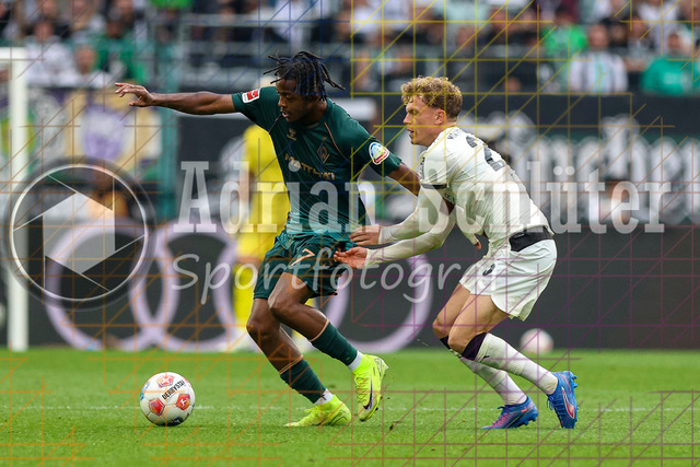 Borussia Mönchengladbach vs SV Werder Bremen - Bundesliga | Mönchengladbach, Deutschland, 14.09.25:   Samuel-Germain Kinduelu Mbangula Tshifunda (SV Werder Bremen) und Robin Hack (Borussia Mönchengladbach) im Kampf um den Ball waehrend des Spiels der Bundesliga zwischen Borussia Mönchengladbach vs SV Werder Bremen im Stadion im Borussia Park(Foto von Brauer-Fotoagentur / Adrian Schlueter)
