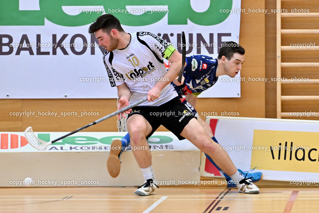 FBK Loka vs. VSV Unihockey | #10 Luka Peklaj FBK Loka, #19 Philipp Seiser VSV Unihockey, FBK Loka vs. VSV Unihockey, FBK Loka vs. VSV Unihockey am 23.03.2025 in Villach (Ballspielhalle St. Martin), Austria, (Photo by Bernd Stefan)