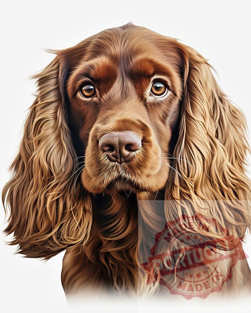 Cocker Spaniel dog looking at camera with brown fur | Professional artful dog portraits Brown Cocker Spaniel dog with long ears and expressive eyes on white background - Realized with Pictrs.com