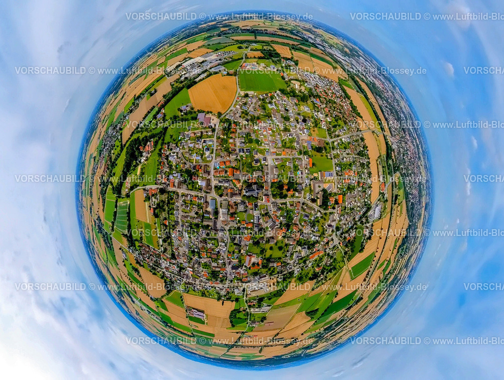 Werl240790035Buederich | Luftbild, Wohngebiet Ortsansicht Ortsteil Büderich, umgeben von Wiesen und Feldern, kachelförmige Strukturen, Erdkugel, Fisheye Aufnahme, Fischaugen Aufnahme, 360 Grad Aufnahme, tiny world, little planet, fisheye Bild, Ostbüderich, Werl, Soester Börde, Nordrhein-Westfalen, Deutschland