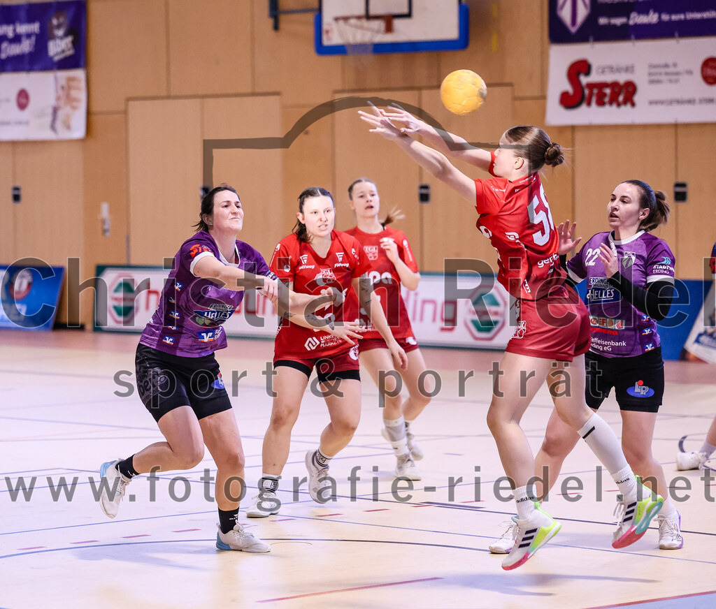 2025-02-22_019_SpVgg_Altenerding_gegen_TG_Landshut | Erding, Deutschland, 22.02.2025:Handball, Bezirksoberliga Frauen Altbayern 2024 / 2024, 15. Spieltag, SpVgg Altenerding gegen TG Landshut, Endergebnis: 25:22Janina Konrad (SpVgg Altenerding, #2), Sophia Steinherr (TG Landshut, #58), Johanna Taubmann (SpVgg Altenerding, #22)Foto: Christian Riedel / fotografie-riedel.net