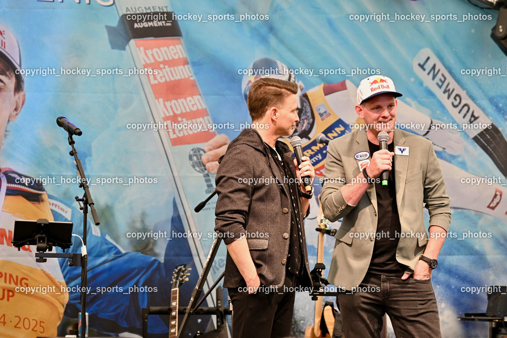Empfang Daniel Tschofenig | Moderator Marco Ventre, Thomas Morgenstern, Empfang Daniel Tschofenig, Empfang Daniel Tschofenig am 10.05.2025 in Hohenthurn (Mehrzweckhaus Hohenthuurn), Austria, (Photo by Bernd Stefan)