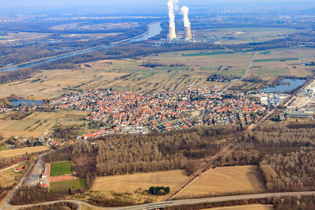 Luftbild: Ortsansicht von Süden im Ortsteil Rheinsheim in Philippsburg im Bundesland Baden-Württemberg in Deutschland. Foto: IMG_37810.jpg vom 12.03.2011 durch Werner Riehm/FLY-FOTO.deAuflösung des Originals: 4752 x 3168 px