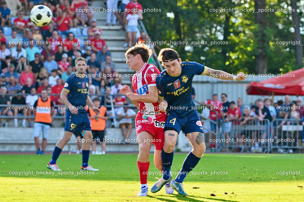 ATUS Velden vs. GAK | #12 Romeo Vucic GAK, #4 Ryan Taylor Thomas Lee Colvin ATUS Velden, ATUS Velden vs. GAK, ATUS Velden vs. GAK am 26.07.2024 in Villach (Stadion Lind), Austria, (Photo by Bernd Stefan)