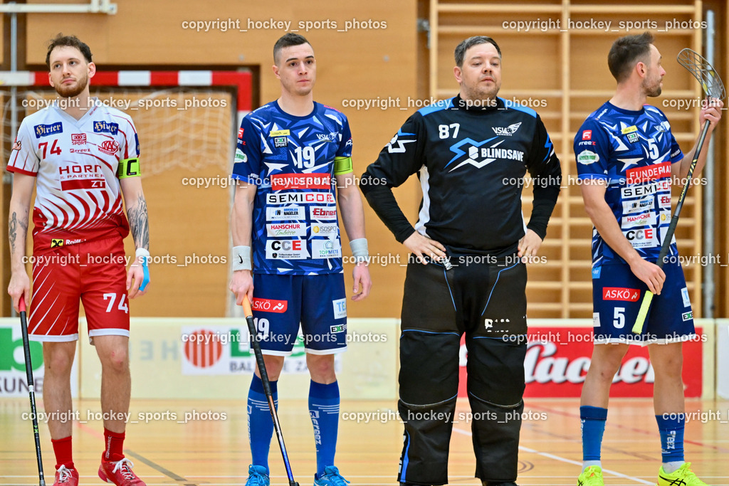 VSV Unihockye vs. KAC Floorball | #74 Luca Wurmitzer KAC Floorball, #19 Philipp Seiser VSV Unihockey, #87 Timmo Taurer VSV Unihockey, #5 Michael Kanduth VSV Unihockey, VSV Unihockye vs. KAC Floorball, VSV Unihockye vs. KAC Floorball am 13.04.2025 in Villach (Ballspielhalle St. Martin), Austria, (Photo by Bernd Stefan)