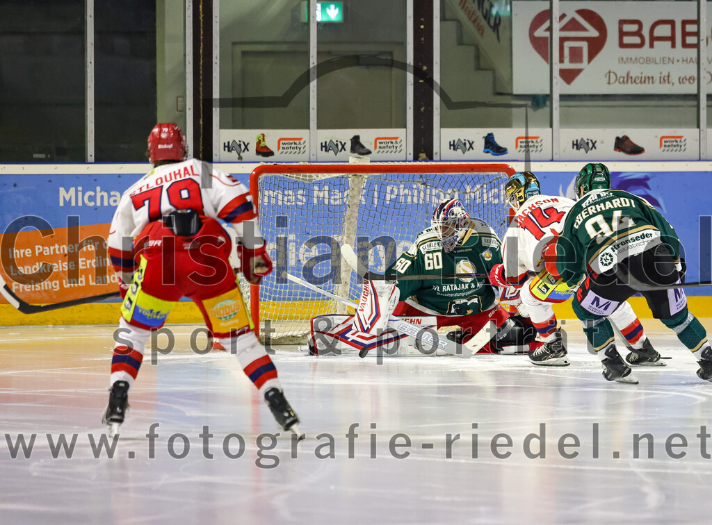 2026-02-20_118_TSV_Erding_gegen_Deggendorfer_SC | Erding, Deutschland, 20.02.2026:Eishockey, Oberliga Süd 2025 / 2026, 49. Spieltag, TSV Erding gegen Deggendorfer SC, Endergebnis: 4:1Petr Stloukal (Deggendorfer SC, #79), Torwart Raphael Fössinger (Erding Gladiators, #60), Ty Jackson (Deggendorfer SC, #14), Markus Eberhardt (Erding Gladiators, #94)Foto: Christian Riedel / fotografie-riedel.net