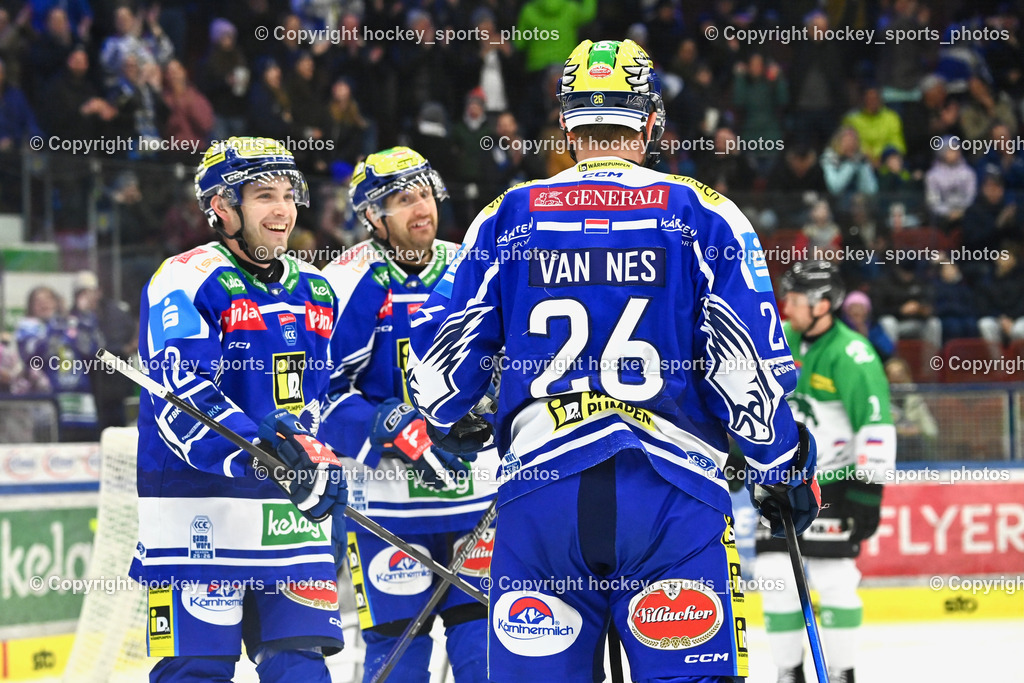 C IDM Wärmepumpen VSV vs. Olimpija Ljubljana | #12 Brett Budgell EC VSV, Jubel EC VSV #26 Guus van Nes EC VSV, #91 Nick Hutchison EC VSV, C IDM Wärmepumpen VSV vs. Olimpija Ljubljana, EC IDM Wärmepumpen VSV vs. Olimpija Ljubljana am 01.02.2026 in Villach (Stadthalle Villach), Austria, (Photo by Bernd Stefan)