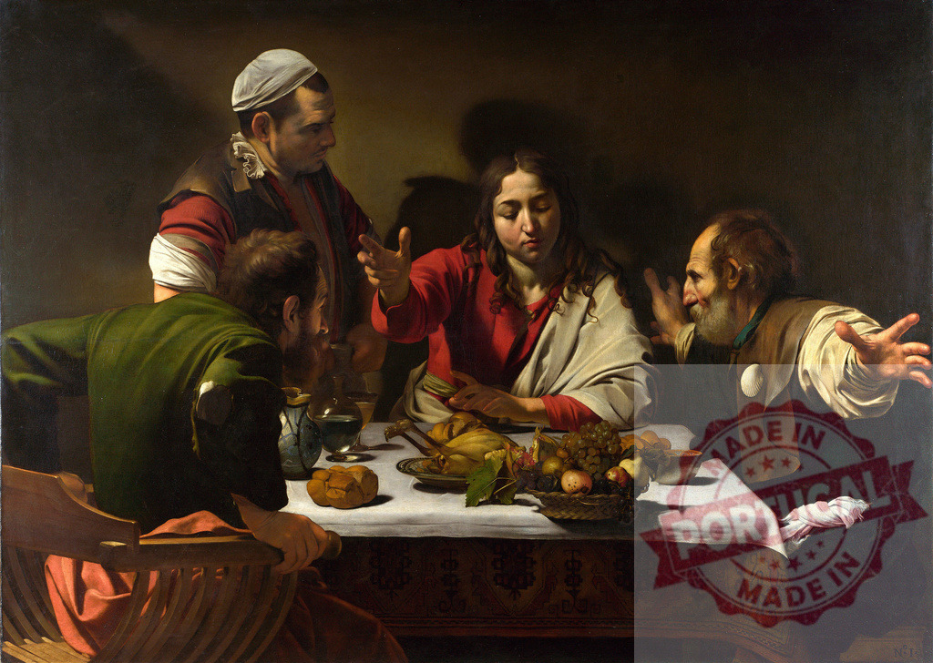 Art by Carravagio Caravaggio Supper at Emmaus Christ revealing identity to disciples | Christ revealing his identity to two bewildered disciples and an innkeeper at a supper table - Realized with Pictrs.com