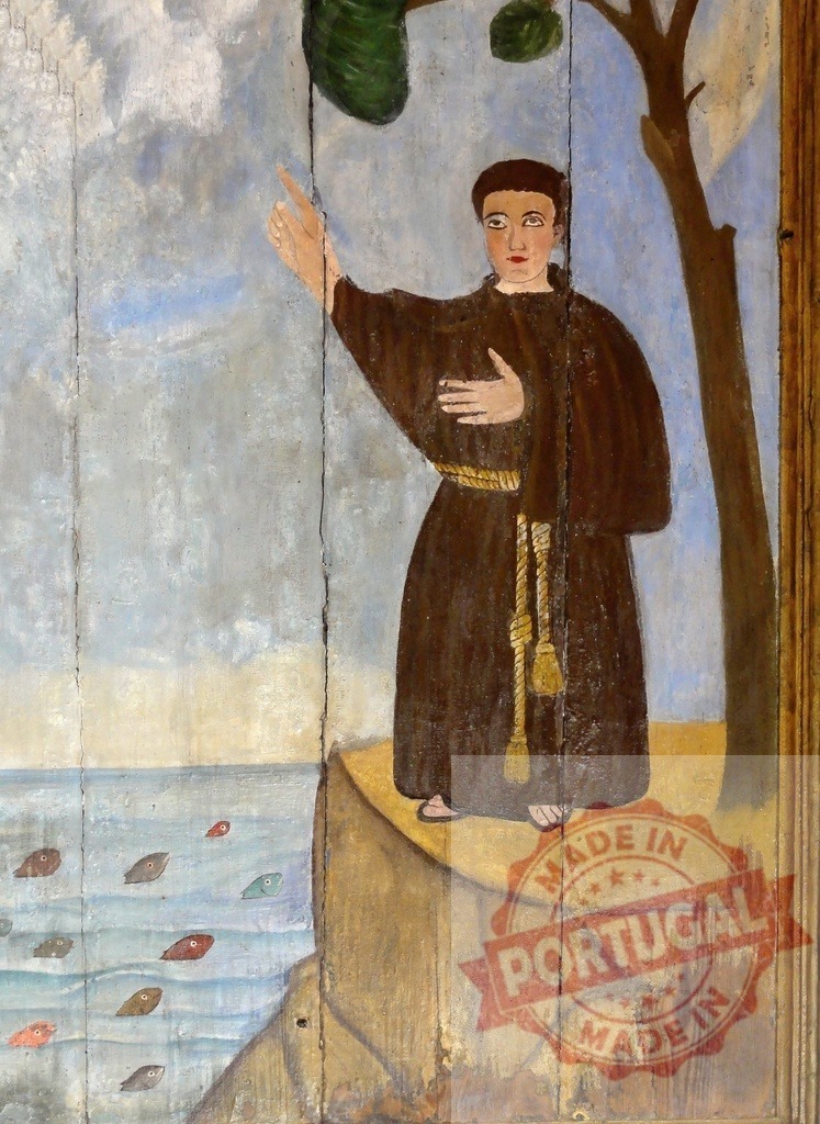 Saint Anthony of Padua preaching to the fish, naive painting on wood | Saint Anthony of Padua preaching to the fish in a naive painting on wood, from an unknown artist - Realisiert mit Pictrs.com