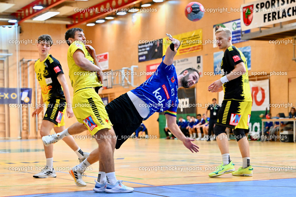 SC Ferlach vs. Bregenz Handball | #6 MAHR Markus Bregenz Handball, #57 LEBAN Patrik SC Ferlach, #71 Schröder Andreas Bregenz Handball, #24 ULMER Lukas Bregenz Handball, SC Ferlach vs. Bregenz Handball, SC Ferlach vs. Bregenz Handball am 28.09.2024 in Ferlach (Ballspielhalle Ferlach), Austria, (Photo by Bernd Stefan)