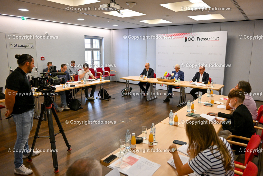 Pressekonferenz WKO_ Energiewende_ 10.07.2023-6 | 10.07.2023, Presseclub Linz, AUT, Pressekonferenz WKO Oberoesterreich, Energiewende - Die Zeit draengt - jetzt alle Weichen richtig stellen, im Bild Robert Tichler (Geschaeftsfuehrer des Energieinstituts an der JKU), Clemens Malina-Altzinger (Vizepraesident der Wirtschaftskammer Ooe), Gerald Silberhumer (Direktor der Wirtschaftskammer Ooe), Medienvertreter