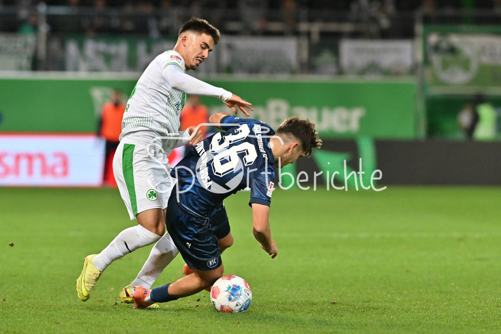 SpVgg Greuther Fürth - Karlsruher SC | FUERTH, GERMANY - OCTOBER 24: Rafael PINTO PEDROSA (Karlsruher SC 36) against Aaron KELLER (SpVgg Greuther Fuerth 16) during the 2. bundesliga match between SpVgg Greuther Fuerth vs. Karlsruher SC on matchday 10 at Sportpark Ronhof Thomas Sommer on October 24, 2025 in Fuerth, Germany / DFL REGULATIONS PROHIBIT ANY USE OF PHOTOGRAPHS AS IMAGE SEQUENCES AND/OR QUASI-VIDEO
