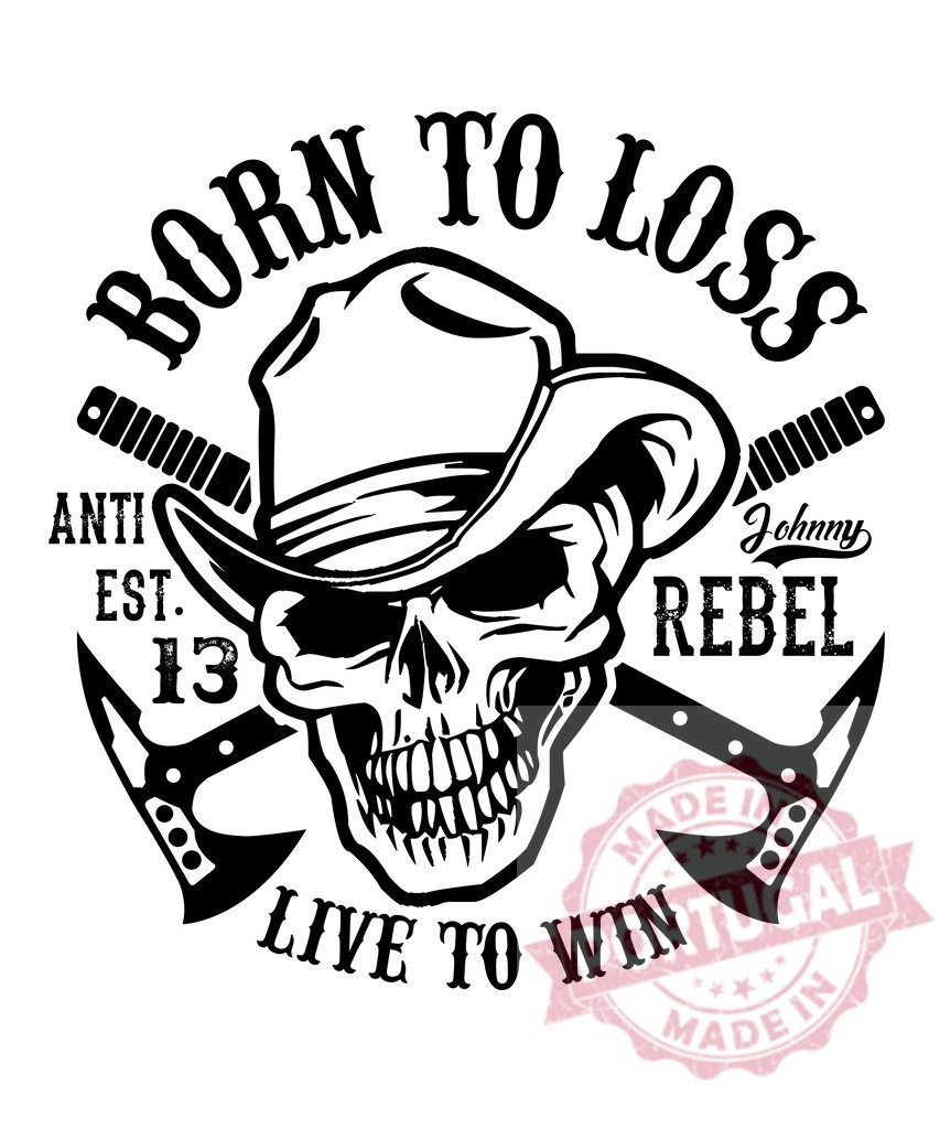 Cowboy skull wearing hat with crossed axes. T-Shirt design | Graphic displaying a cowboy skull wearing a hat with crossed axes and text - Realized with Pictrs.com