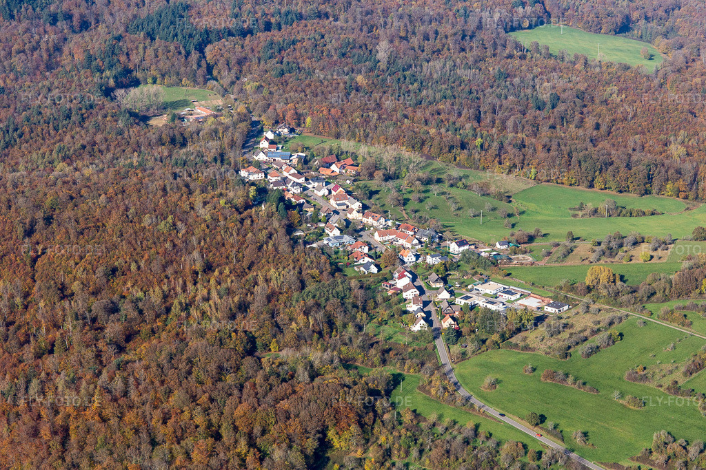 Luftbild: Weiler von Süden im Ortsteil Eichelscheiderhof in Waldmohr im Bundesland Rheinland-Pfalz in Deutschland. Foto: IMG_143852.jpg vom 27.10.2024 durch Werner Riehm/FLY-FOTO.de