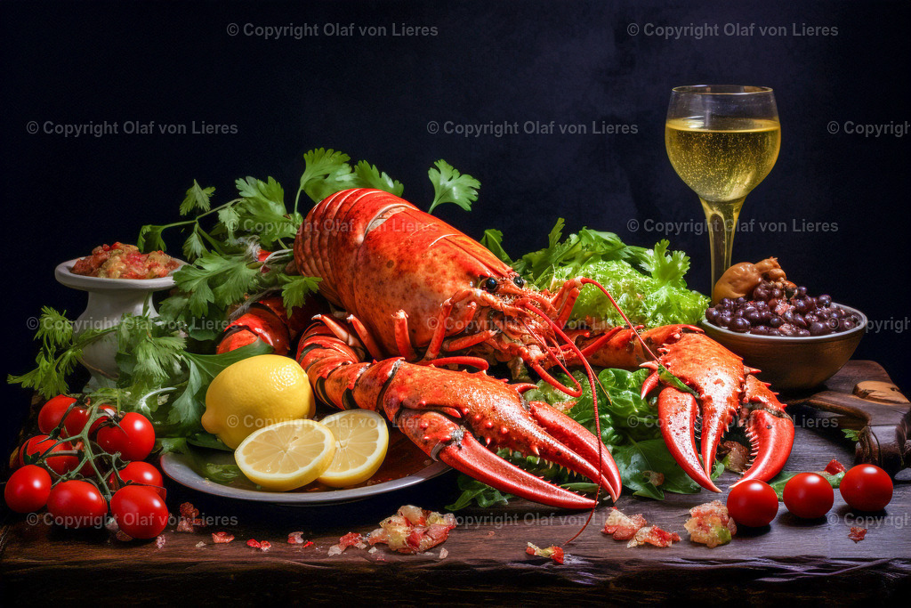 garnierter Hummer | Hummer mit Glas Wein angerichtet