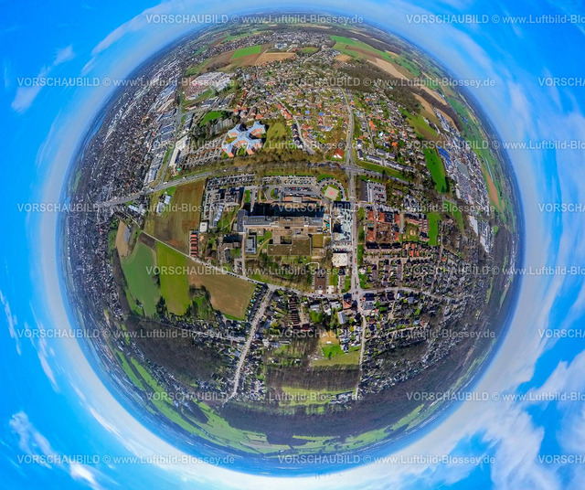 Wesel240390057EVK-Wesel | Luftbild, Wohngebiet Ortsansicht mit EVK Evangelisches Krankenhaus Wesel GmbH, Tagesklinik Krankenhaus, Erdkugel, Fisheye Aufnahme, Fischaugen Aufnahme, 360 Grad Aufnahme, tiny world, little planet, fisheye Bild, Schepersfeld, Wesel, Nordrhein-Westfalen, Deutschland