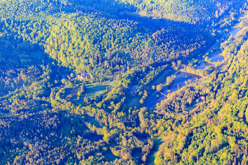 Aerial view: Fishing pond at the Hotel La Petite Pierre (Auberge d'Imsthal) Vosges in La Petite-Pierre in the state Bas-Rhin, France. – Photo: IMG_145933.jpg taken on 05/01/2025 by Werner Riehm/FLY-FOTO.com – Resolution of the original: 5472 x 3648 px – Hotel 3 Etoiles Hôtel à La Petite Pierre | Auberge de l'Imsthal en Alsace
