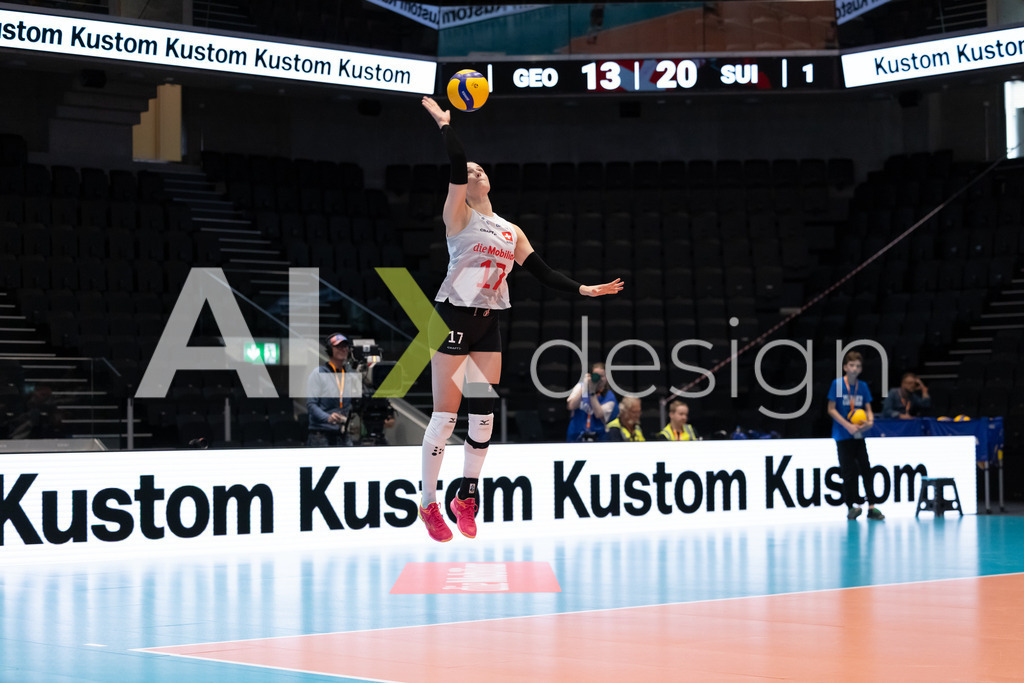 Georgia v Switzerland - CEV European League Women | KRIENS, SWITZERLAND - JUNE 12: JULIE LENGWEILER of Switzerland serve during the CEV European League match between Georgia and Switzerland at Pilatus Arena on June 12, 2026 in Kriens, Switzerland. - Realisiert mit Pictrs.com