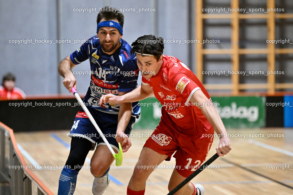 KAC Floorball vs. VSV Unihockey | #14 Michael Klemm VSV Unihockey, #12 Nikita Münch KAC Floorball, KAC Floorball vs. VSV Unihockey, KAC Floorball vs. VSV Unihockey am 21.03.2026 in Klagenfurt (Ballspielhalle Waidmannsdorf), Austria, (Photo by Bernd Stefan)