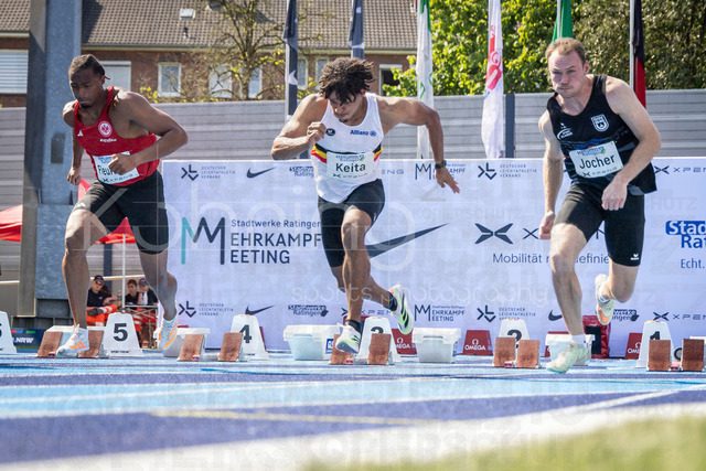 Multisport Event; Ratingen, 27.06.2026 | RATINGEN, GERMANY - JUNE 27, 2026 : Fred Isaac Fleurisson (GER / Germany), Dai Keita (BEL / Belgium) and Roman Jocher (GER / Germany) over 100m competing during the Multisport Event at Stadion Ratingen on June 27, 2026 in Ratingen, Germany.