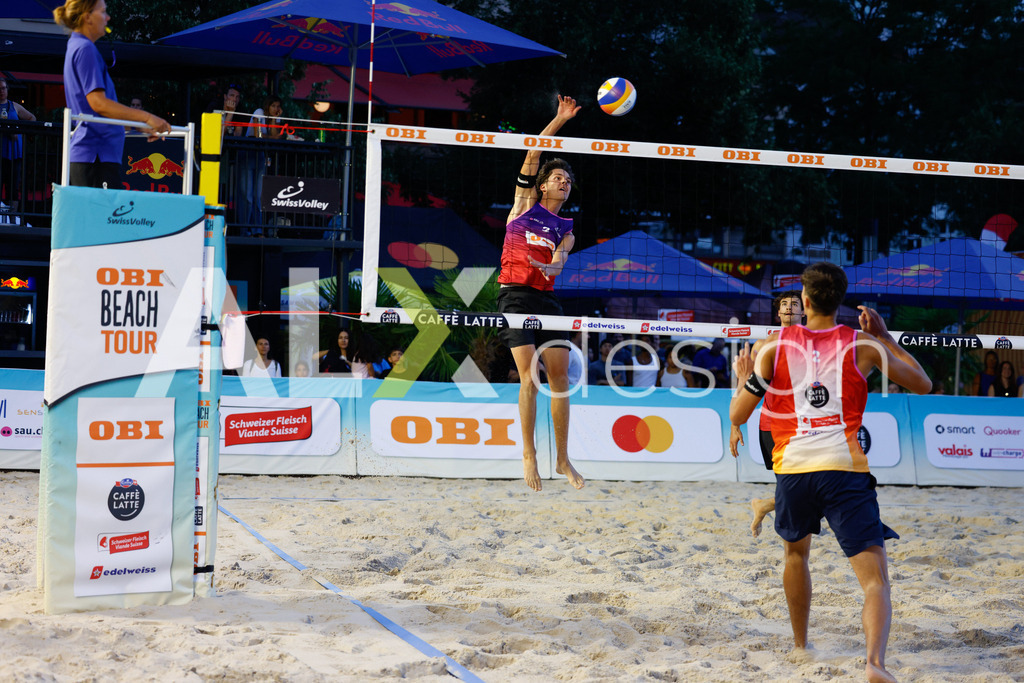 Obi BeachTour 2026 - Basel | BASEL, SWITZERLAND - JULY 17: SIMON LEFFLER (SUI) attack / spike during the Obi BeachTour 2026 match between DILLIER / FLÜCKIGER (SUI) and ALLEMANN / LEFFLER (SUI) at Barfüsserplatz on July 17, 2026 in Basel, Switzerland. - Realisiert mit Pictrs.com