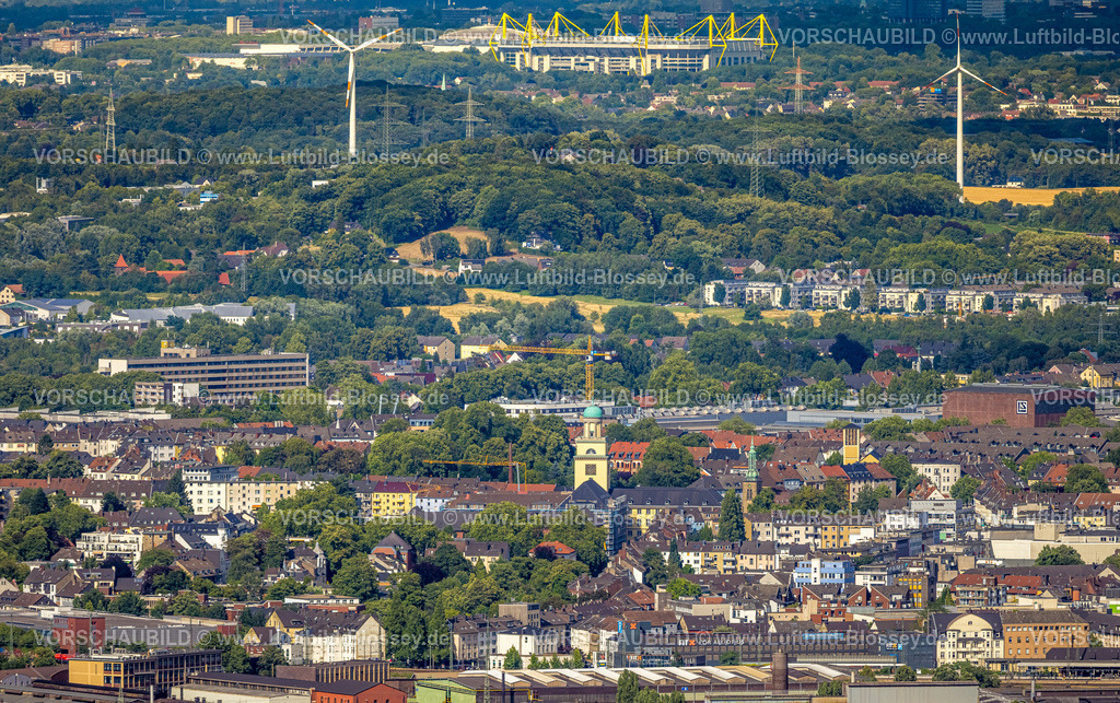 Witten230701720 | Luftbild, Witten Übersicht mit Rathaus, Blick zum Bundesligastadion Signal Iduna Park des BVB 09 Borussia Dortmund, Windräder, Witten, Ruhrgebiet, Nordrhein-Westfalen, Deutschland