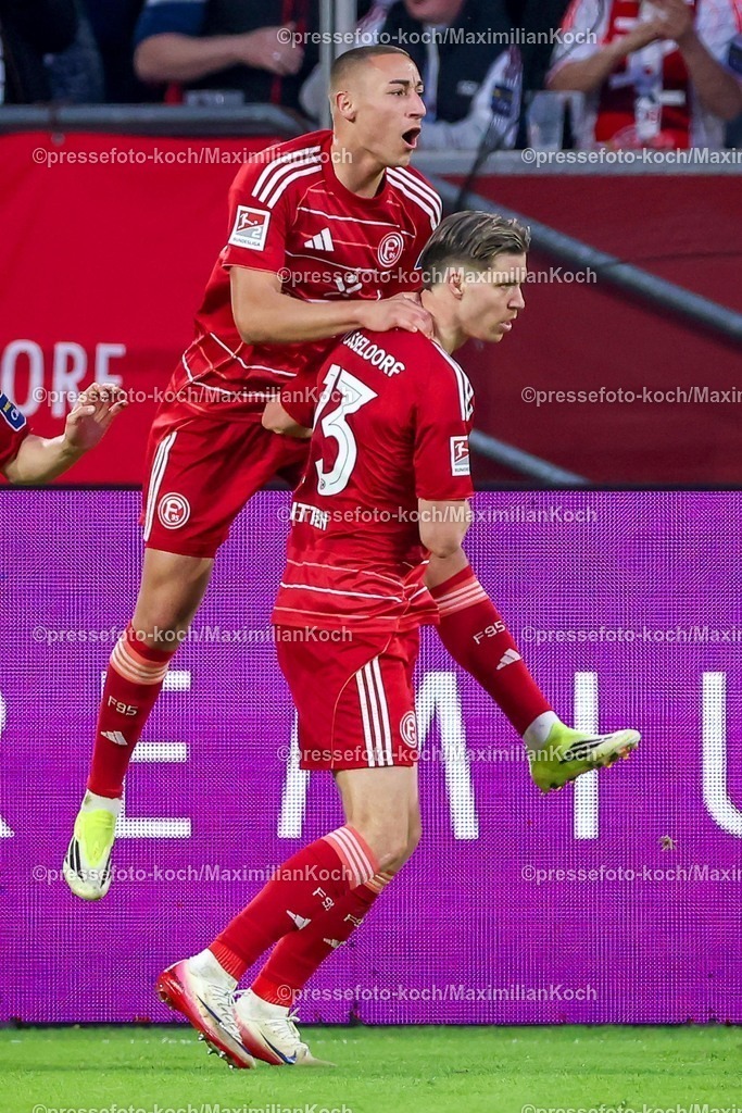 F9510042601089 | 10.04.2026, Fußball, Fortuna Düsseldorf - Holstein Kiel, 2. Fußball Bundesliga, Herren, Merkur Spiel-Arena, 29. Spieltag, Saison 2025 2026: Torjubel nach dem Tor zum 1:1 durch Torschütze Cedric Itten&nbsp;(Fortuna Düsseldorf #13)  zusammen mit  Marin Ljubicic&nbsp;(Fortuna Düsseldorf #20)  DFB regulations prohibit any use of photographs as image sequences and or quasi-video.