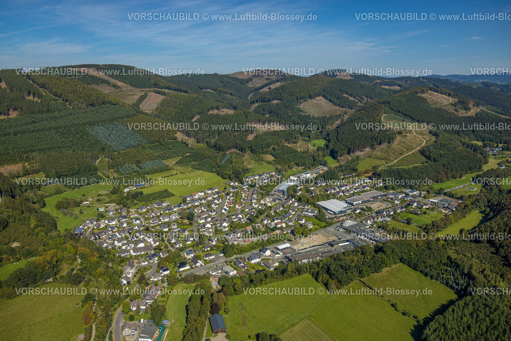 Lennestadt230909940Saalhausen | Luftbild, Waldgebiet mit Waldschäden, Ortsansicht und TRACTO Stahlbau GmbH Gelände, Saalhausen, Lennestadt, Sauerland, Nordrhein-Westfalen, Deutschland