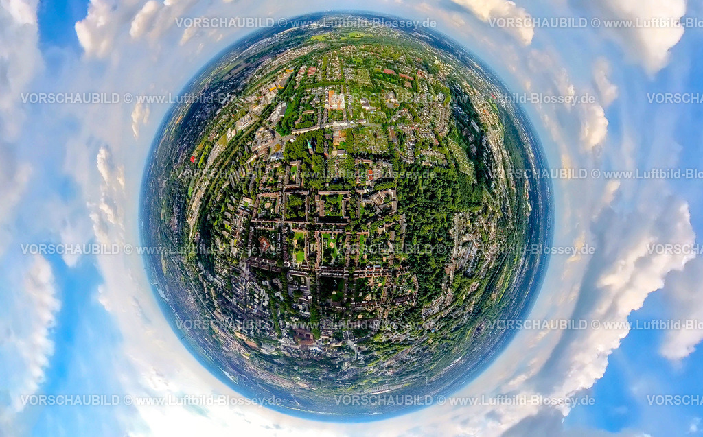 Duisburg240890005SieveneckKleingarten | Luftbild, Dichterviertel, St. Norbert Kirche Russisch-Orthodoxe Kirchengemeinde zu Duisburg, KGV Kleingartenanlage Am Goetheplatz, Kleingartenverein Alte Buche e.V., Nordfriedhof, Neubaugebiet Halfmannshof, Erdkugel, Fisheye Aufnahme, Fischaugen Aufnahme, 360 Grad Aufnahme, tiny world, little planet, fisheye Bild, Neumühl, Duisburg, Ruhrgebiet, Nordrhein-Westfalen, Deutschland