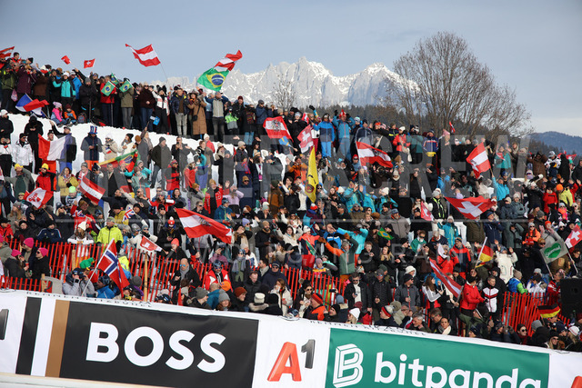 Audi FIS Ski World Cup: Men’s Slalom – Hahnenkamm Race, Kitzbuehel | Kitzbuehel, Austria, 25.Jan.26 - Alpine Skiing - FIS World Cup, Hahnenkamm Race, Slalom, men. The image shows fans and wilder kaiser.