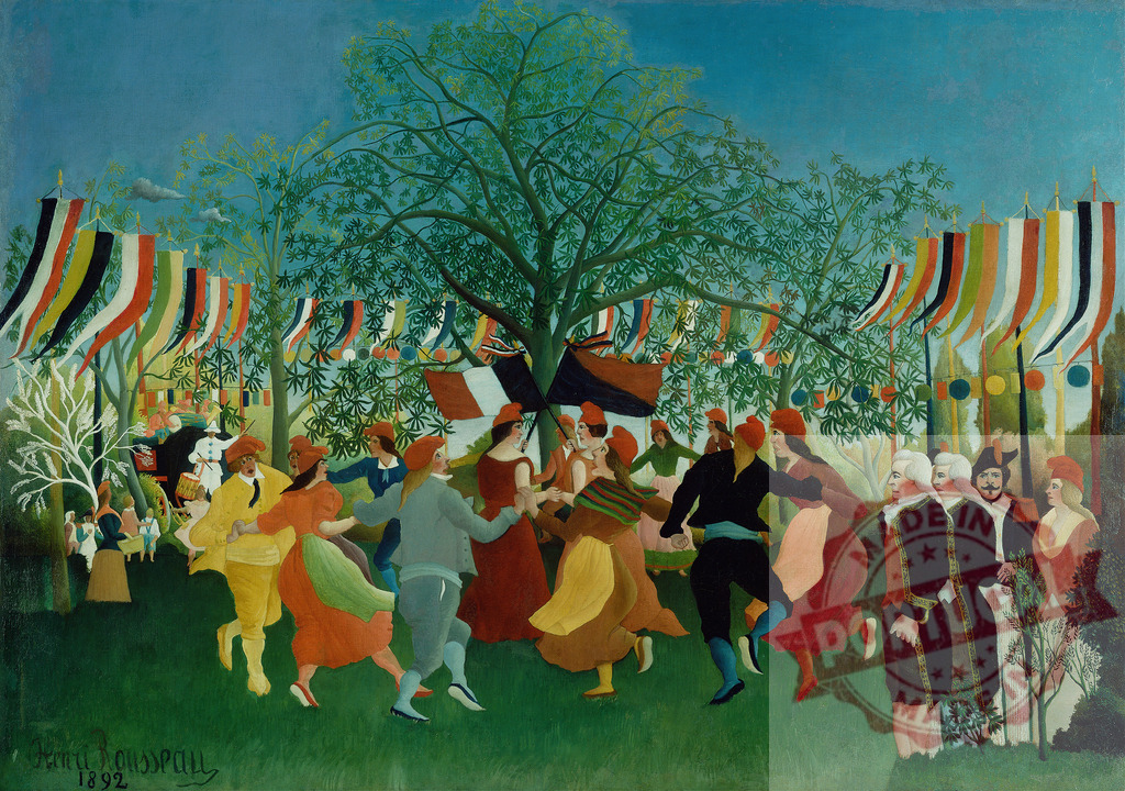 Henri Rousseau celebrating republic liberty at french centennial festival. Henri Rousseau | People dancing in a colorful garden celebration with flags and festive decorations - Realized with Pictrs.com