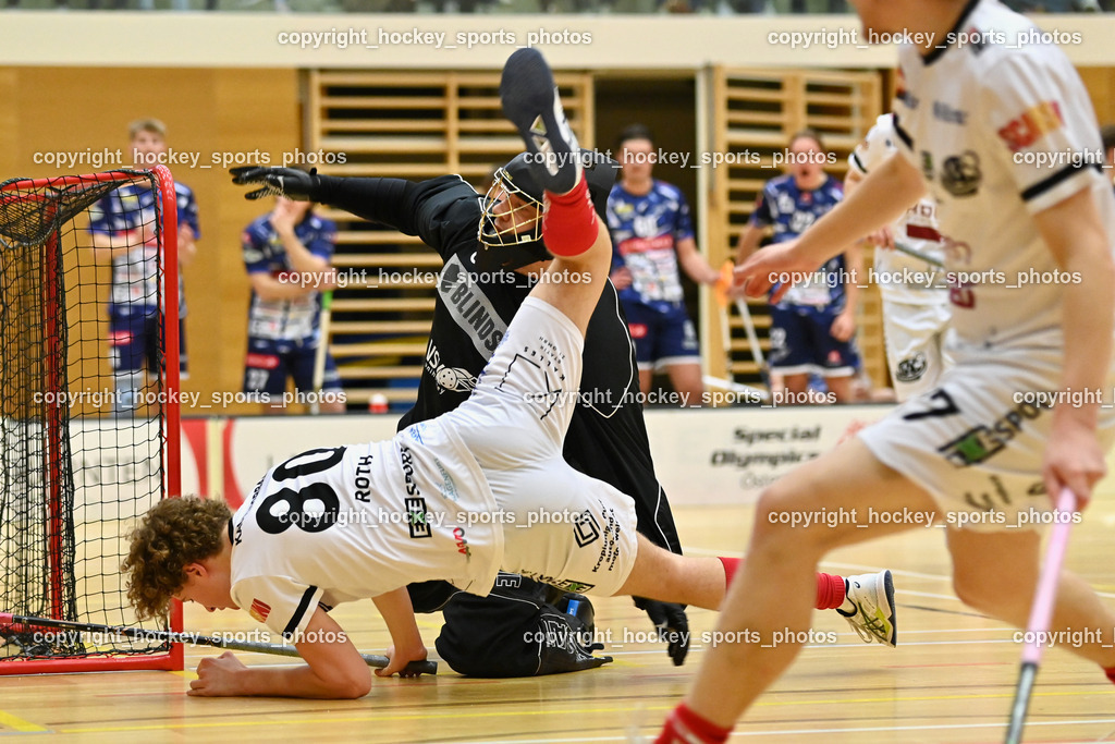 VSV Unihockey vs. KAC Floorball | #87 Timmo Taurer VSV Unihockey, #80 Lino Roth KAC Floorball, Flugeinlage, VSV Unihockey vs. KAC Floorball, VSV Unihockey vs. KAC Floorball am 28.03.2026 in Villach (Ballspielhalle St. Martin), Austria, (Photo by Bernd Stefan)