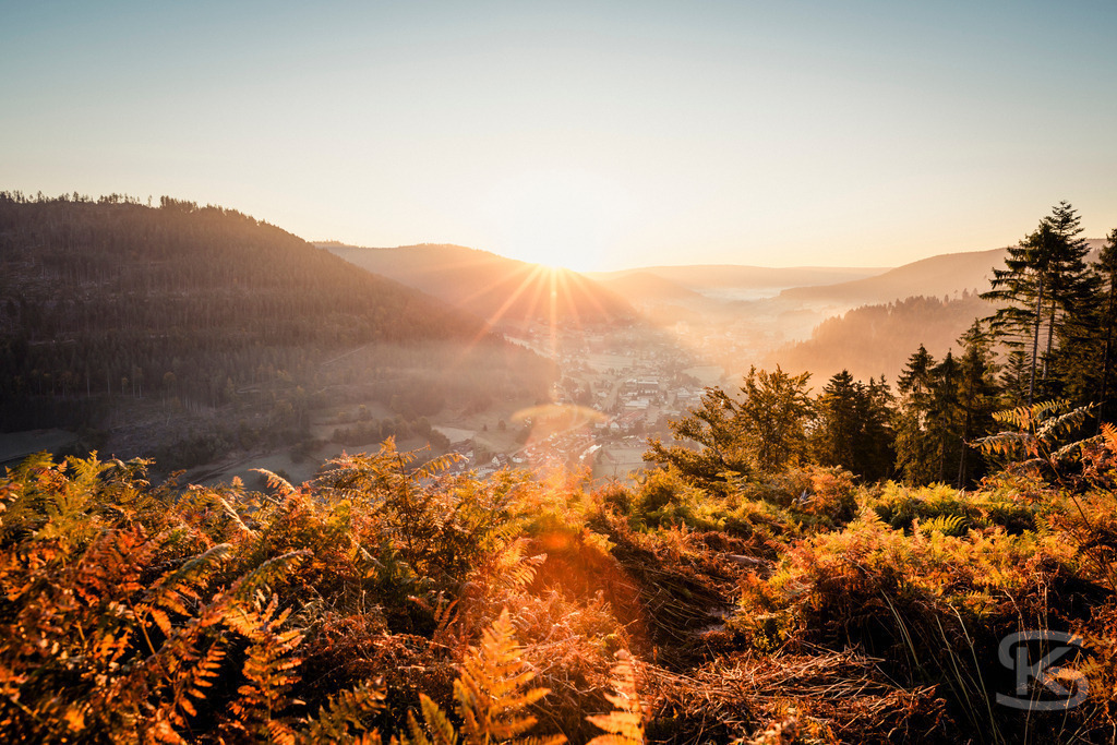 Sonnenaufgang am Genussplatz Oberer Zinken in Baiersbronn | Genießen Sie den traumhaften Ausblick vom Genussplatz Oberer Zinken in Baiersbronn, Baden-Württemberg. Das Bild fängt die stimmungsvolle Morgensonne ein, die das Tonbachtal in ein warmes Licht taucht und Nebel in den Tälern aufsteigen lässt. Ein perfekter Ort zum Entspannen, Verweilen und Genießen der Natur im Schwarzwald. - Realisiert mit Pictrs.com
