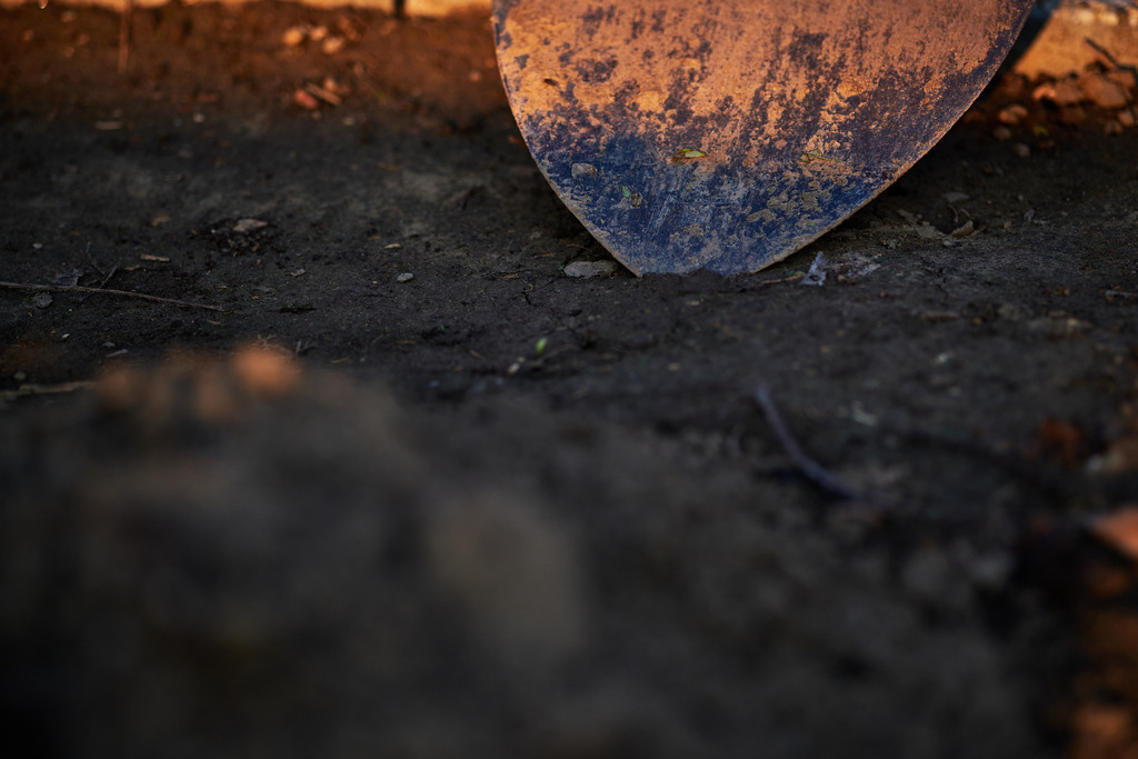 Schaufel in der Erde im Gegenlicht | Burgenland, Austria - April 15, 2022: Schaufel in der Erde im Gegenlicht. - Realisiert mit Pictrs.com