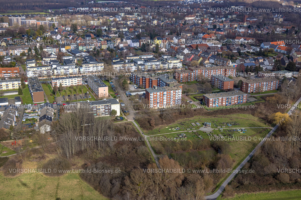 Hamm230214864 | Luftbild, Urbaner Garten Kornmersch, Rheinsberger Platz mit Hochhaussiedlung, Bockum-Hövel, Hamm, Ruhrgebiet, Nordrhein-Westfalen, Deutschland