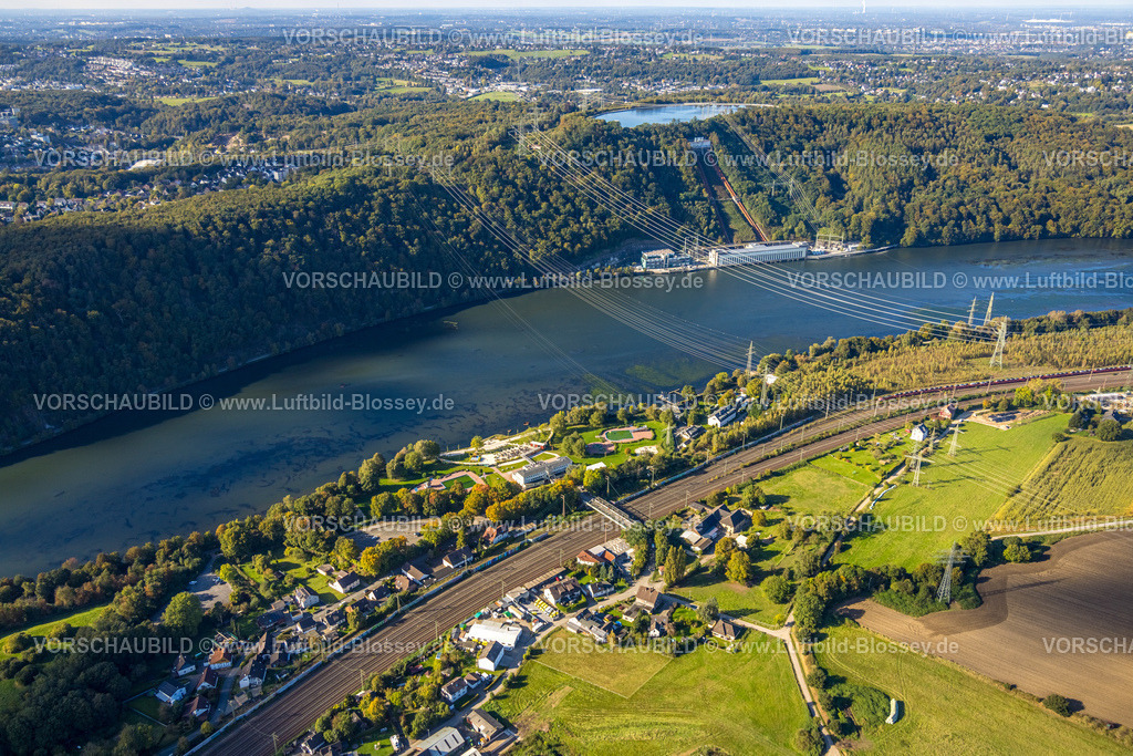 Hagen241005502 | Luftbild, Hengsteysee mit RWE Koepchenwerk am Ardeygebirge, Strandhaus Salitos Beach Hengsteysee mit Freibad Südufer, Autobahn A1, Boele, Hagen, Ruhrgebiet, Nordrhein-Westfalen, Deutschland