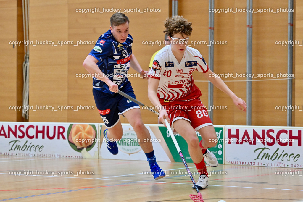 VSV Unihockye vs. KAC Floorball | #25 Jan Blazic VSV Unihockey, #80 Lino Roth KAC Floorball, VSV Unihockye vs. KAC Floorball, VSV Unihockye vs. KAC Floorball am 13.04.2025 in Villach (Ballspielhalle St. Martin), Austria, (Photo by Bernd Stefan)