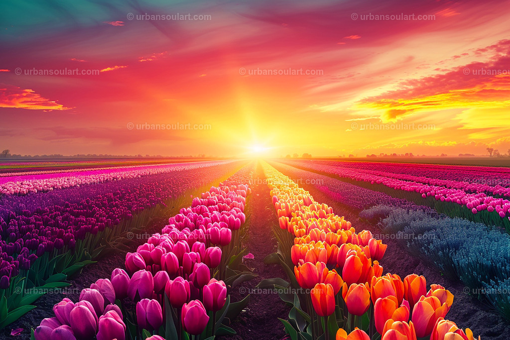 Colorful Tulip Field at Sunset | A radiant sunset over endless rows of colorful tulips brings warmth and vibrancy to this landscape. This artwork is perfect for adding a cheerful, lively ambiance to any space. - Realisiert mit Pictrs.com