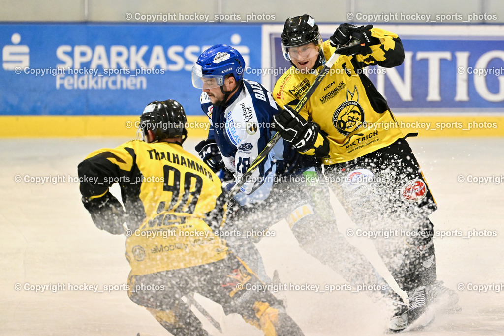 ESC Steindorf vs. MET PHOTOVOLTAIK HORNETS SPITTAL | #98 Thalhammer Dominic EC Hornets Spittal, #28 Bacher Stefan ESC Steindorf, #16 Nageler Daniel EC Hornets Spittal, ESC Steindorf vs. MET PHOTOVOLTAIK HORNETS SPITTAL, ESC Steindorf vs. MET PHOTOVOLTAIK HORNETS SPITTAL am 26.10.2024 in Steindorf (Ossiachersee Halle), Austria, (Photo by Bernd Stefan)
