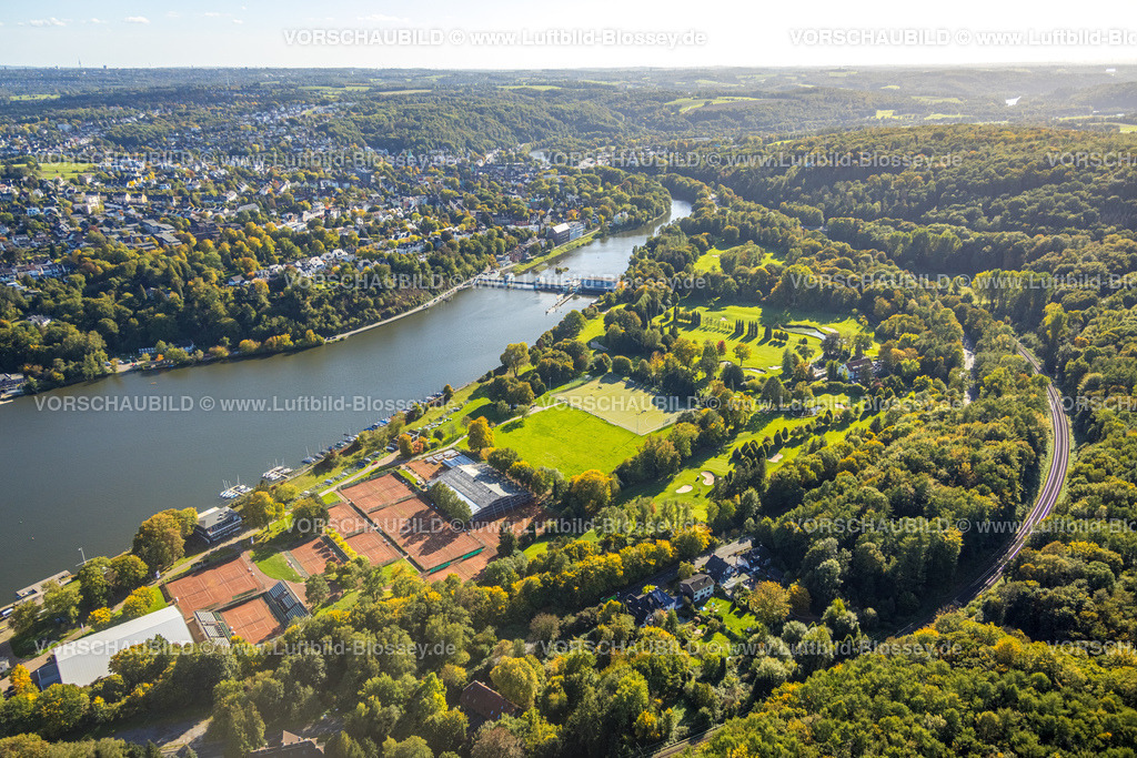 Essen221000455 | Luftbild, Baldeneysee, ETUF Tennisplätze und Golfplatz, Baldeney Stauwehr, RWE Wasserkraftwerk Baldeney, Essen-Bredeney, Essen, Ruhrgebiet, Nordrhein-Westfalen, Deutschland