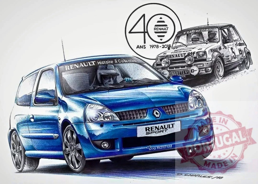 Renault Clio sport car and R5 Alpine rally car anniversary drawing | Renault Clio sport car and R5 Alpine rally car featured in an automotive anniversary drawing - Realized with Pictrs.com