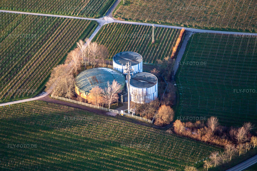 Luftbild: Trinkwasserspeicher in den Weinbergen im Ortsteil Arzheim in Landau im Bundesland Rheinland-Pfalz in Deutschland. Foto: IMG_135809.jpg vom 18.01.2023 durch Werner Riehm/FLY-FOTO.de